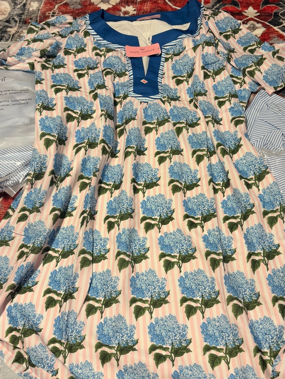 Simply Southern Blue Hydrangea Floral Pink Stripe Above Knee Shift Dress L - Picture 2 of 3